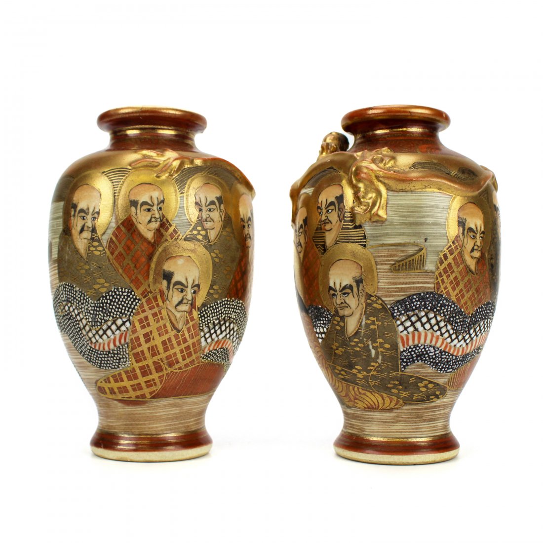 Japanese Meiji Period Satsuma Pottery Vases PAIR: Crafted of fine quality Japanese Satsuma pottery. Depicts elders with gold halos and dragon motif in high relief. Signed with Japanese character marks on bottom. Good condition with mild surface wear.