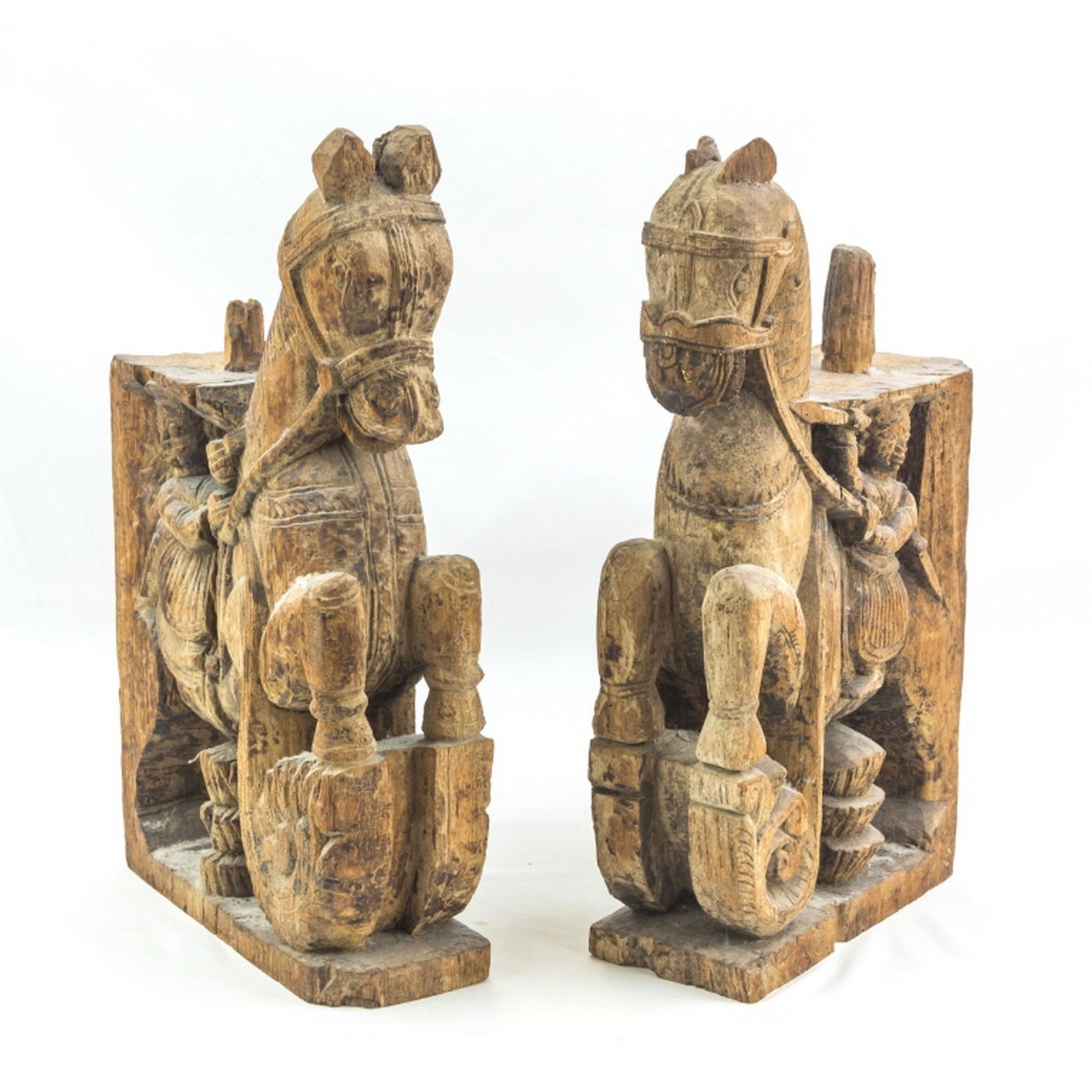 Thai Style Carved Wood Mounted Horse Statues PAIR (1 of 8)