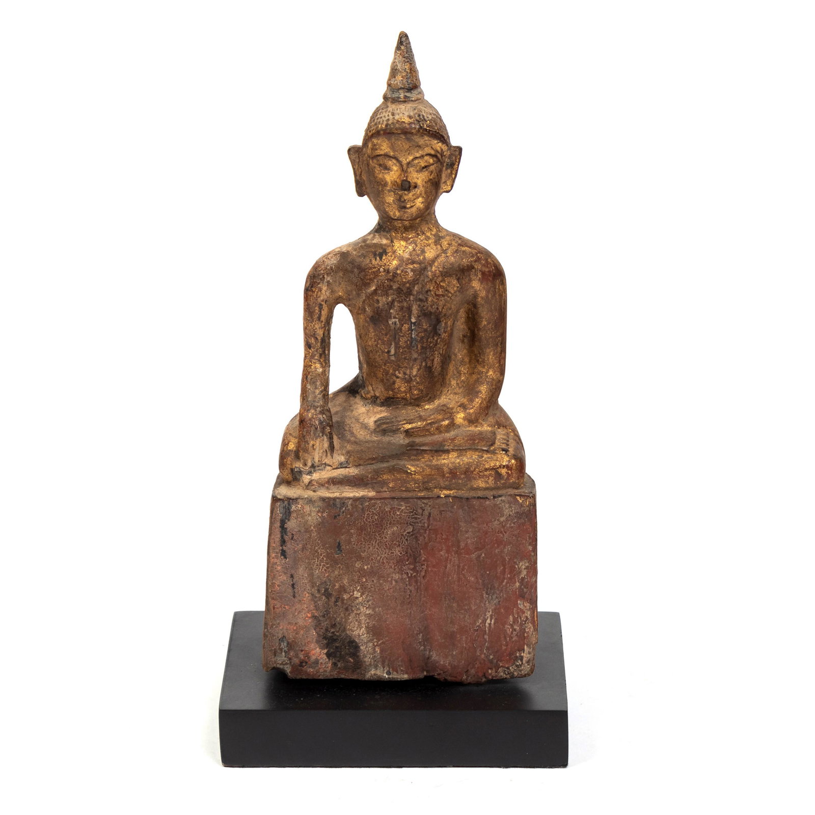 Chinese Gilt Carved Wood Buddha On Base Statue: Carved wood Buddha figure mounted to black base. Good condition with normal age wear and paint loss. Measures 8 1/2 in. x 4 1/4 in. x 2 7/8 in. Hill Auction Gallery in house continental USA shipping $