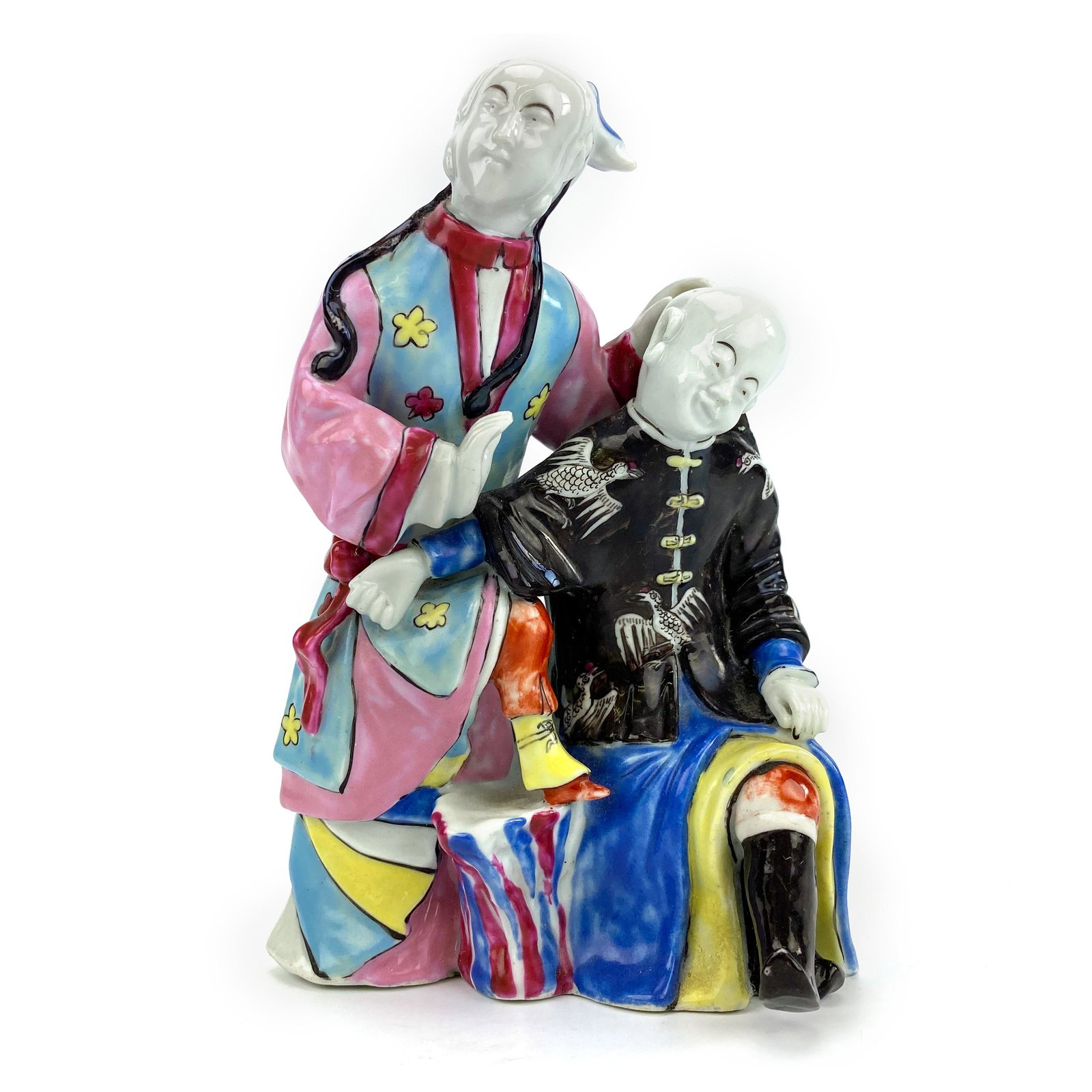 Chinese Porcelain Double Figure Statue Chait Label: Antique Chinese erotic figural statue crafted of fine quality porcelain, a Famille rose decorated "Ear Cleaning" figurine. Features an older man with phoenix decorated robe having his ears cleaned by 