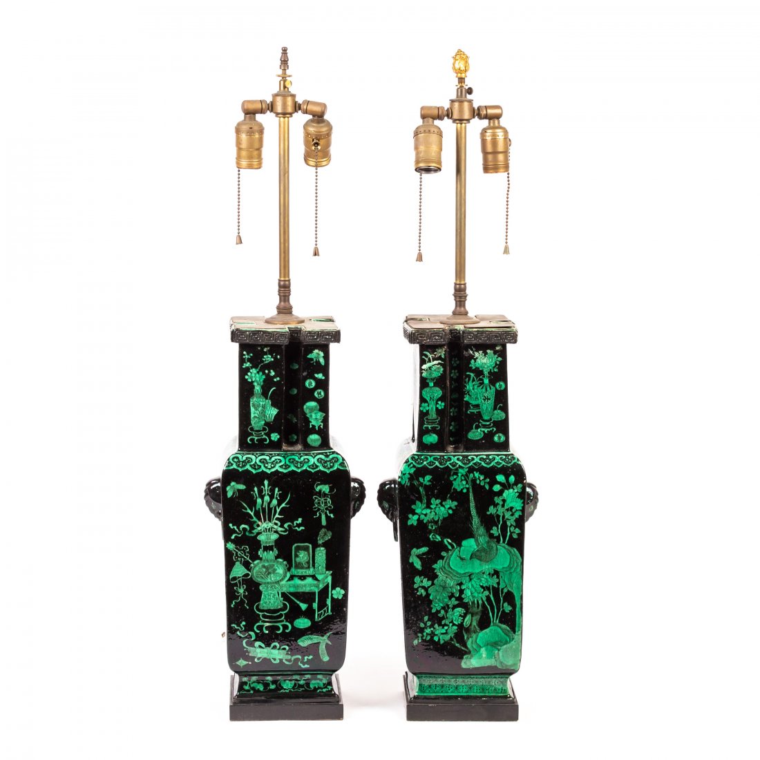 Chinese Antique Famille Noir Vase Lamps PAIR: Antique near pair of Chinese vases mounted as lamps. Fine quality porcelain decorated in Famille noir colors with emerald green and black. Double elephant form faux ring handle sides with whirling log