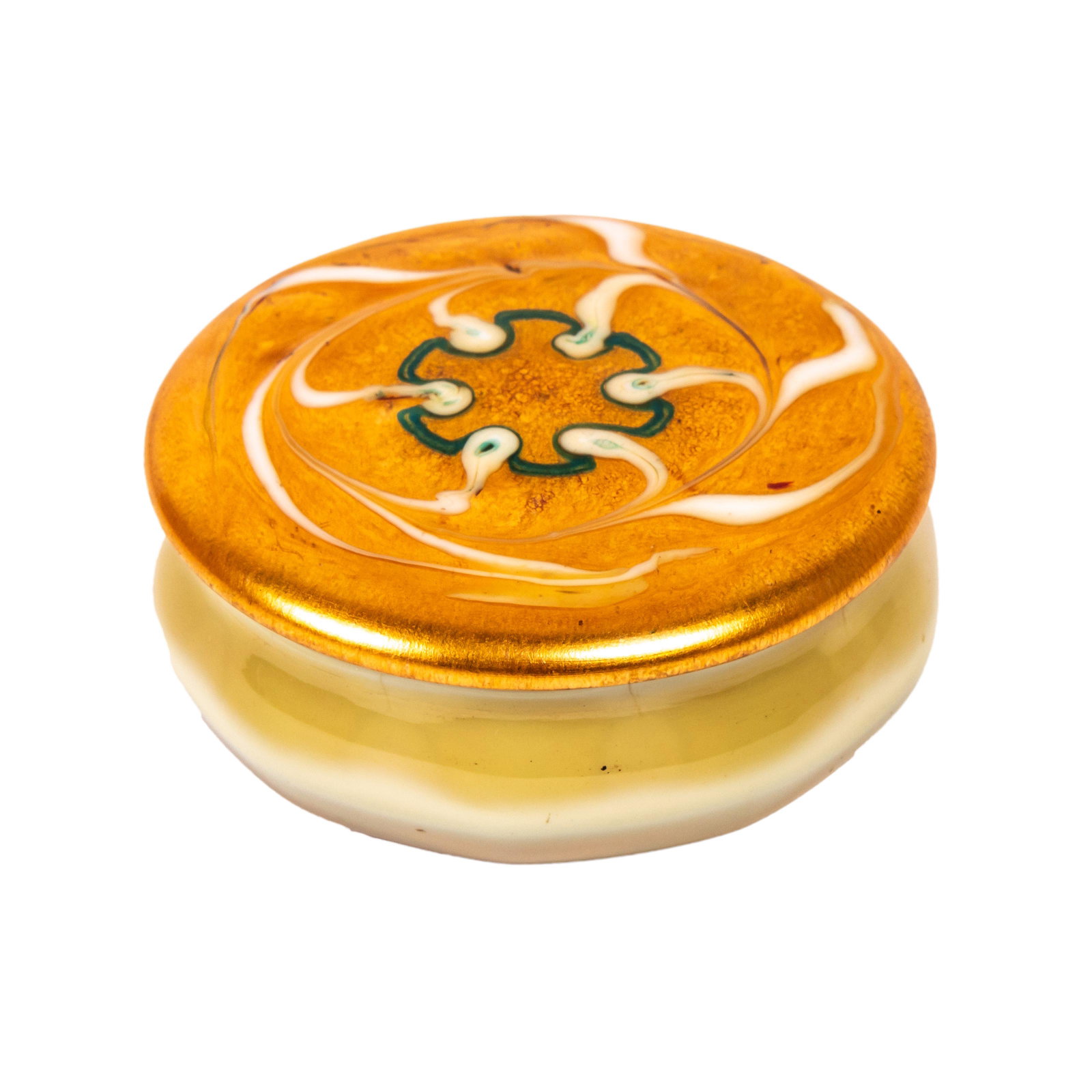 LC Tiffany Enamel Lidded Favrile Glass Dresser Jar: Louis Comfort Tiffany LCT Favrile studio art glass lidded dresser jar. Opalescent glass bottom with gorgeous enameled bronze lid in green and white floral motif. Bottom signed 4399 N Louis C. Tiffany,