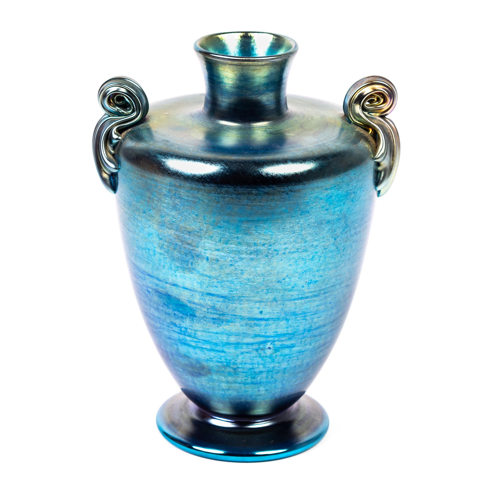 LC Tiffany Favrile Glass Peacock Blue Handled Vase (1 of 4)