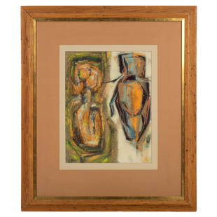 George Cohen 1919-1999 Modern Mixed Media Painting: George Cohen (American, 1919-1999). Original Abstract Modernist mixed media artwork titled Ceremonial. Signed lower left. Good overall condition with wear to frame. Measures 16 in. x 12 1/2 in.