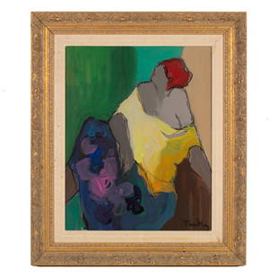 Itzchak Tarkay Israeli 1935-2012 Original Painting: Itzchak Tarkay (Israeli, 1935-2012). Abstract oil painting on canvas, titled "Seated Woman #4." A contemporary scene of a reclining woman in vibrant colors. Artist signature lower left corner. Gallery