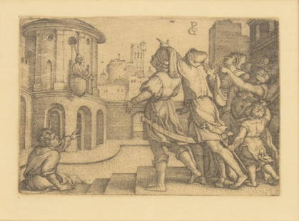 Georg Pencz 16th Century Joseph Genesis Engraving: Georg Pencz (German, ca. 1500-1550). Original 16th Century antique engraving, VIRGILE SUSPENDU (Virgil Suspended In A Basket). The engraving depicts the power of women to use their beauty, charm, and