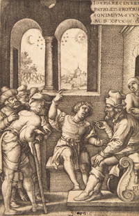 Georg Pencz 16th Century Joseph Genesis Engraving: Georg Pencz (German, ca. 1500-1550). Original 16th Century antique engraving, Joseph Describing His Dream. Produced 1544 as part of The Story of Joseph series by Pencz, a member of the art studio of