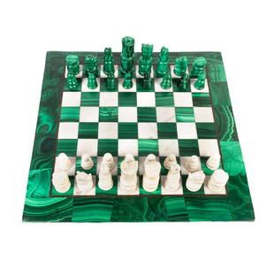 Green Malachite & White Marble MCM Chess Game Set: Mid Century Modern chess set. Board composed of veneered green malachite and and white marble. There are 16 solid malachite pieces: eight pawns, two bishops, two knights, two rooks, one queen, and one