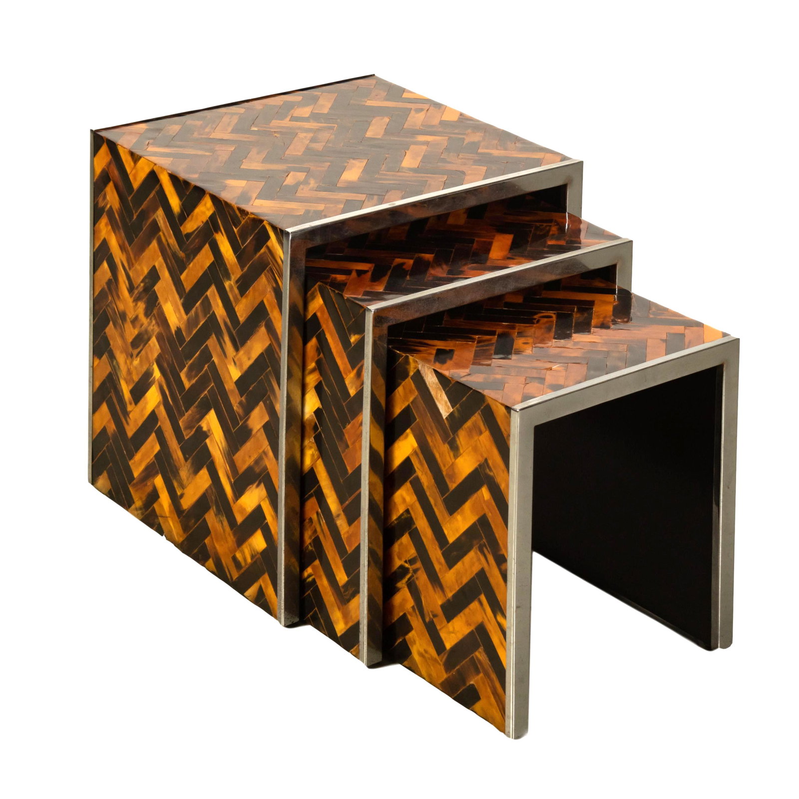 Tommaso Barbi MCM Tessellated Horn Nesting Tables: Tommaso Barbi (Italian). A set of three Mid Century Modern nesting tables finished in tessellated veneered horn in Herend bone pattern with chrome trim. Good to fair condition with some age wear. Meas