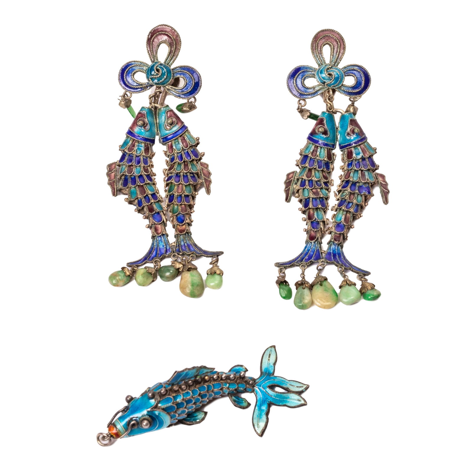 Chinese Enameled Silver Fish Earrings Pendant PAIR (1 of 8)