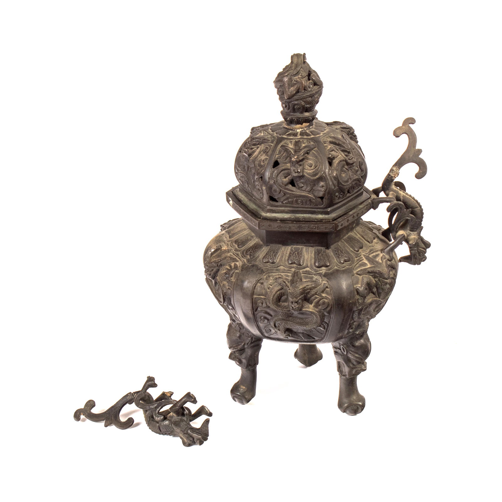 Chinese 16" Antique Bronze Dragons Incense Censer (1 of 9)