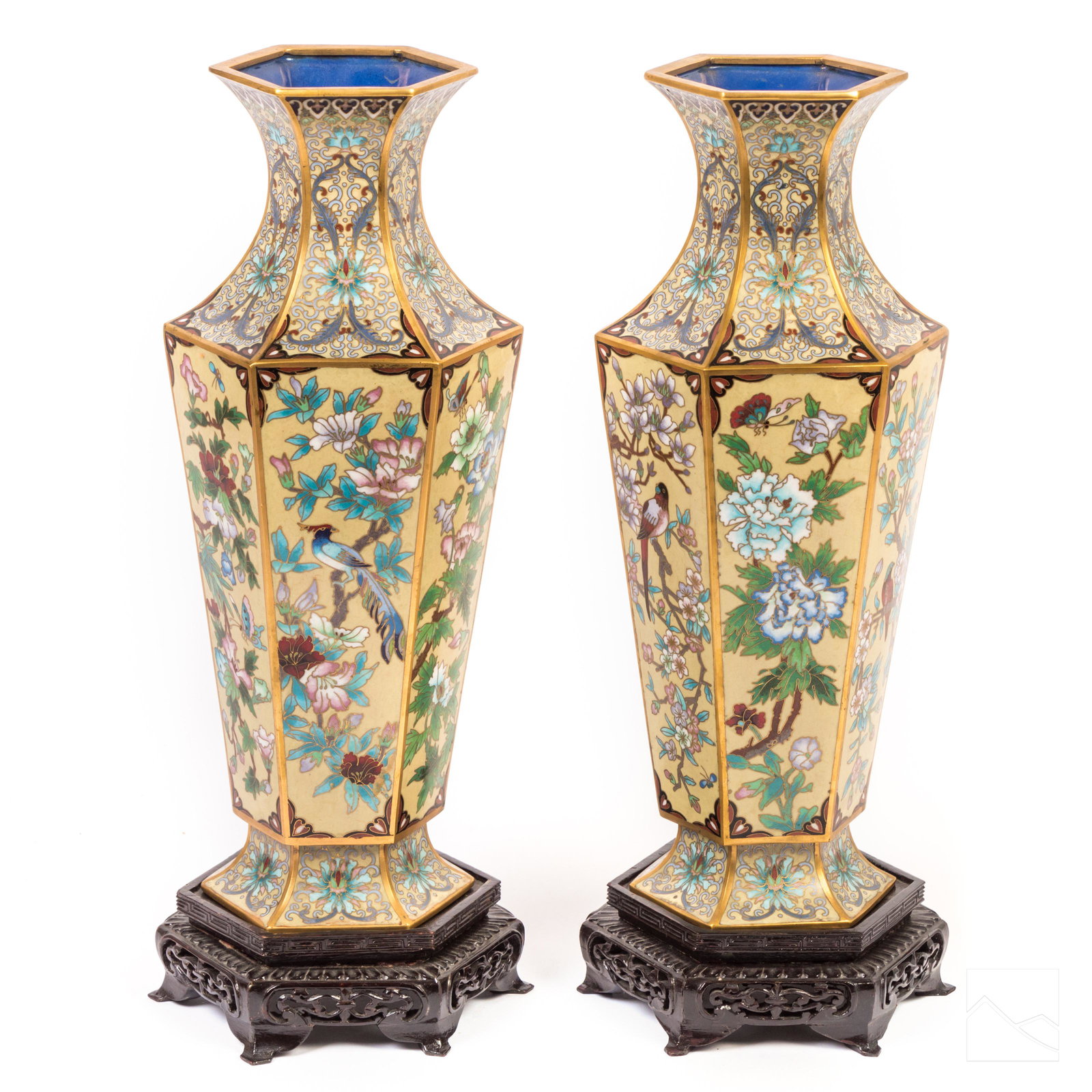 Chinese 17" Cloisonne Polychrome Vase & Stand PAIR (1 of 9)