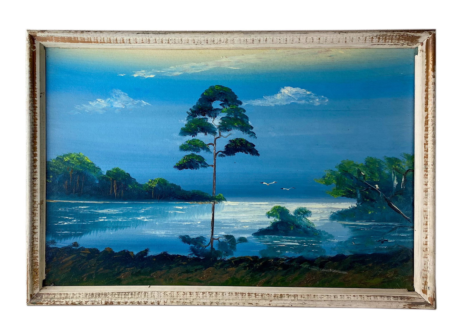 Al Blood Black (b.1947) Florida Highwaymen Painting: Al (Blood) Black (American; Florida, born 1947). Original oil painting on upson board. Florida river landscape, an inlet scene with water birds in flight and a large central cypress tree in foreground