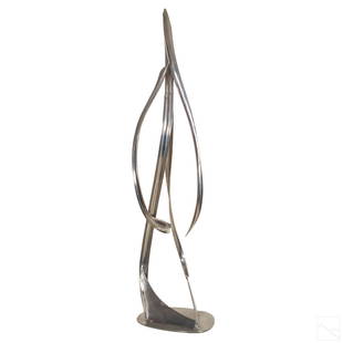 Bill Keating (b.1932) Abstract Geometric Sculpture: Bill Keating (American, born 1932). Monumental larger than life sized Modernist high polished aluminum art sculpture. Modeled in an organic conceptual figurative form with human and machine elements,