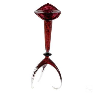 Modernist Tripodal Studio Art Glass Vase Sculpture: Modern studio art glass sculptural vase. Features three legs in clear, with black and red glass body. Mystery artist signature and dated 98' on one leg. Good overall condition. Measures 27 1/2 in. x