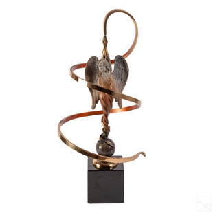 James LaCasse 19" Bronze Modernist Angel Sculpture: James Lacasse (American, 20th/21st Century). Bronze angel sculpture, her arms outstretched with a twisted spiral band of bronze, and modeled on a globe with leaves. Fixed to black marble block.