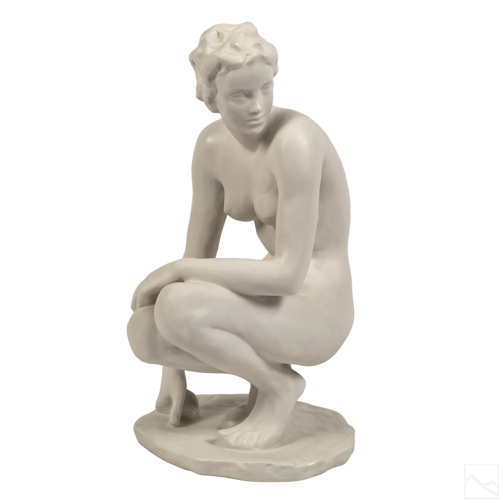 Fritz Klimsch (1870-1960) Rosenthal Nude Sculpture: Fritz Klimsch (German, 1870-1960). Art Deco whiteware nude porcelain statue designed for Rosenthal in kneeling down position. Signed F. KLIMSCH on base. Good condition with no damage to to note. Measu