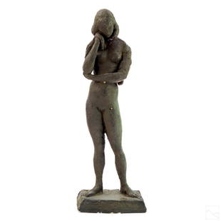 Maurice Glickman (1906-1981) Nude Female Sculpture: Maurice Glickman (American, 1906-1981). Original modernist plaster sculpture depicting a standing nude female figure, her arms crossed in contemplation. Rich patina. Signed on base artist monogram.