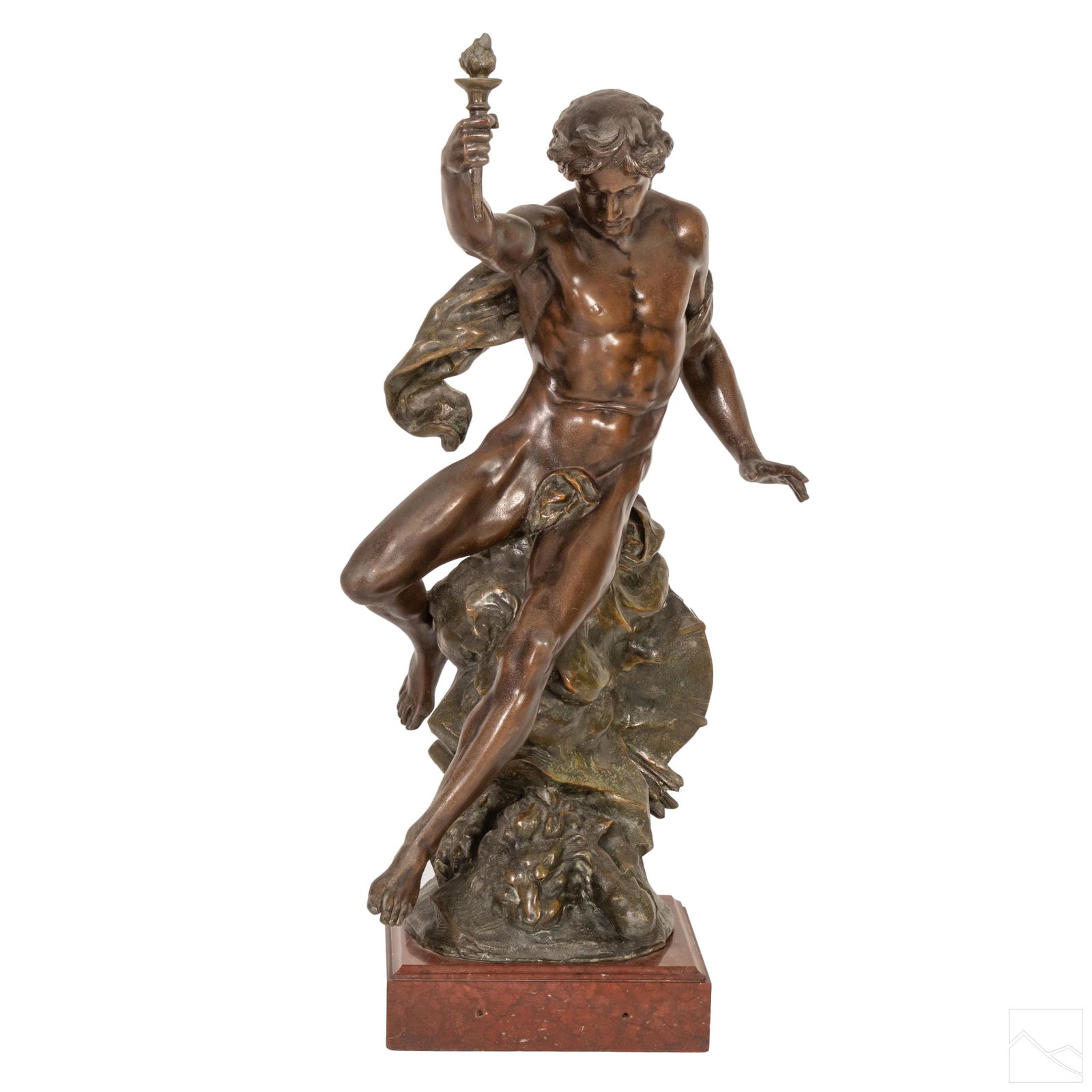 Neoclassical Nude after Emile Picault (1833-1915): After Emile Louis Picault (French, 1833-1915). Bronzed sculpture modeled in spelter, titled EXCELSIOR. A Greco Roman nude male bearing a torch. Signature to base of statue. Fixed to red marble plinth.