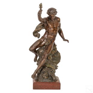 Neoclassical Nude after Emile Picault (1833-1915): After Emile Louis Picault (French, 1833-1915). Bronzed sculpture modeled in spelter, titled EXCELSIOR. A Greco Roman nude male bearing a torch. Signature to base of statue. Fixed to red marble