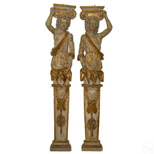 Antique 18C Architectural Element Caryatid Figures: Antique 18th Century pair of Neoclassical Caryadites. Venetian Italian hand sculpted wood carved polychrome architectural columns, modeled as female figures with ancient motifs. Hand decorated in