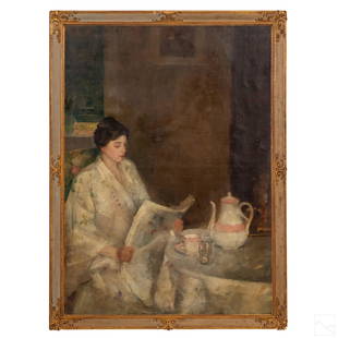 19C Portrait Painting manner William Merritt Chase: Manner of William Merritt Chase (American, 1849-1916). A large late 19th Century oil painting on canvas, titled Woman Seated At Breakfast table. It depicts, in a soft palette with a dreamlike