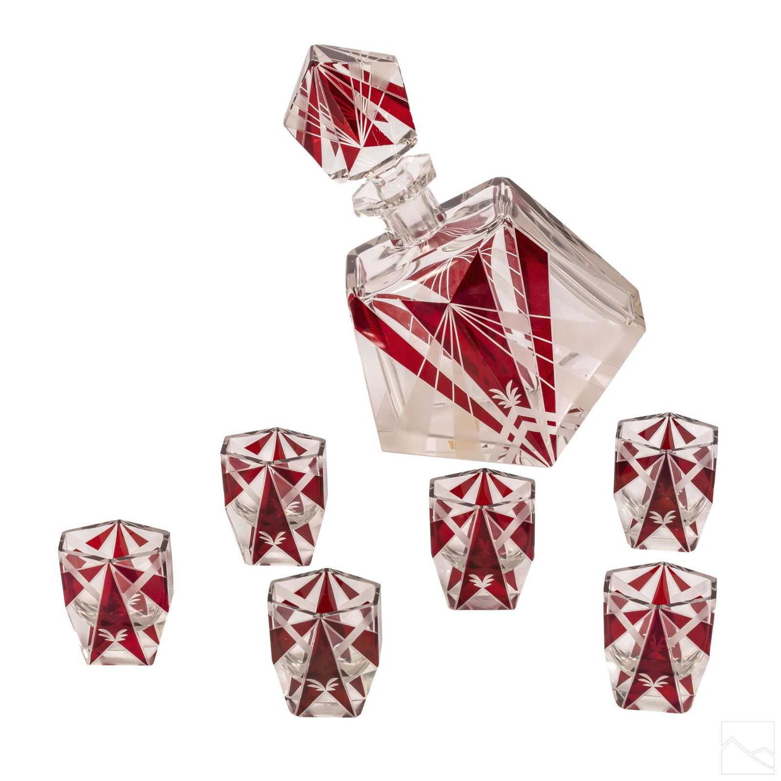 Crystal Art Deco Red & Clear Decanter & Glass SET (1 of 7)
