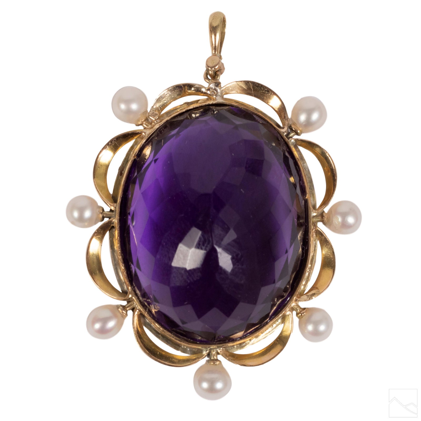 14K Gold Diamond Amethyst and Pearl Enamel Pendant: 14k gold diamond amethyst pearl enamel pendant. Features ovular Edwardian pendant with 8 seed pearls. Measures 29 mm x 22 mm x 14.5 mm. Good overall condition with minor wear. Hill Auction Gallery in 