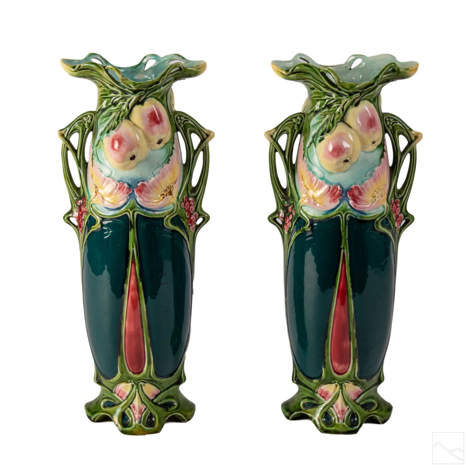Art Nouveau Majolica 15" Floral Vases ESTATE PAIR (1 of 8)
