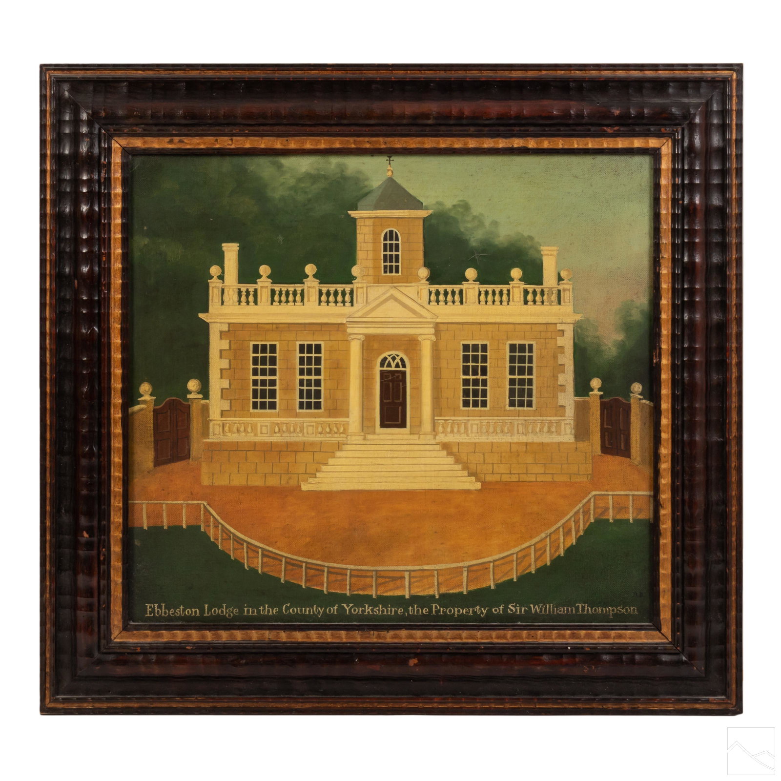 Dan Dunton English Naive Architecture Oil Painting: Dan Dunton (English, born circa 1950). Rustic style naive art oil painting, mounted and presented in a decorative wooden frame. Painted in the manner of the early 19th Century Georgian Regency style, 
