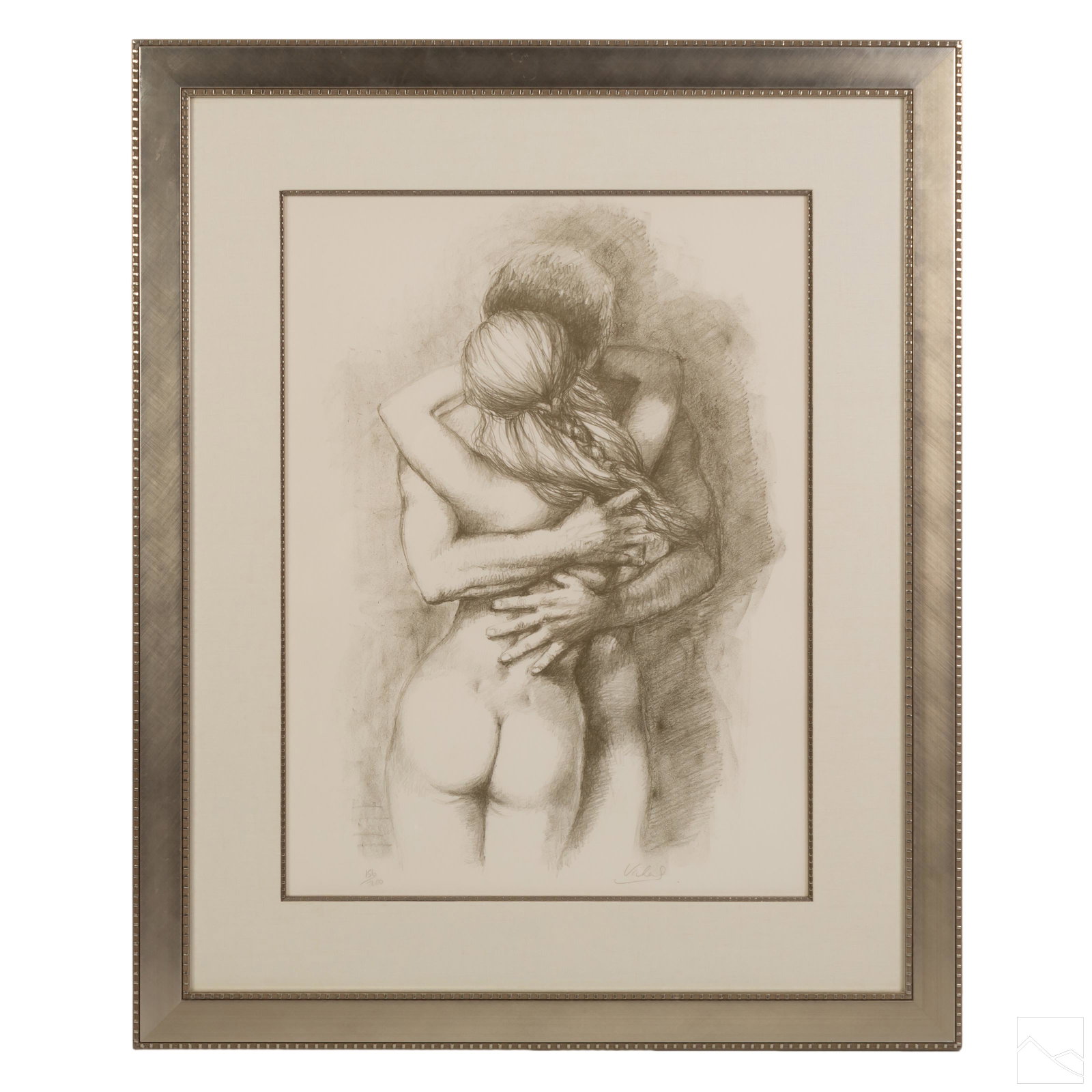 Mary Vickers (b.1940) LE Lovers Nude Litho SIGNED: Mary Vickers (English, born 1940). Limited Edition charcoal gray litho print. Two nude lovers embracing. Edition number 156/200 to lower left, signed VICKERS lower right. Presented in a decorative fab