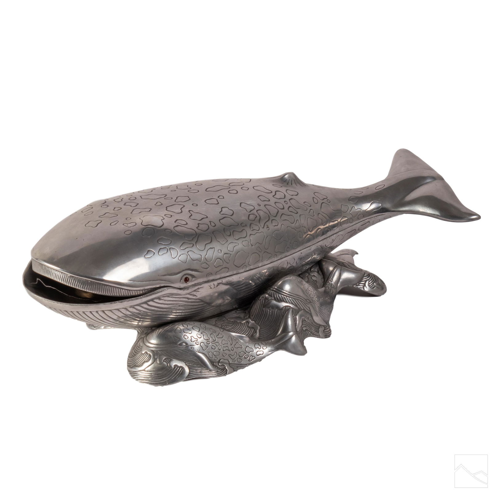 Arthur Court 27" Aluminum Decor Whale Tureen Dish: Arthur Court (American). Large three part covered whale serving dish, table decor. Features removable lid and separate base with wave and whale design. Decorated with semiprecious carnelian gemstone e