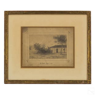 L. Eilshemius (1864-1941) Landscape Pencil Drawing: Louis Michel Eilshemius (American, 1864-1941). Original sketch pencil drawing on paper depicting a rural landscape with house scene. FLORENCE LEWISON GALLERY NEW YOK label on verso. Titled A VENTA SPA