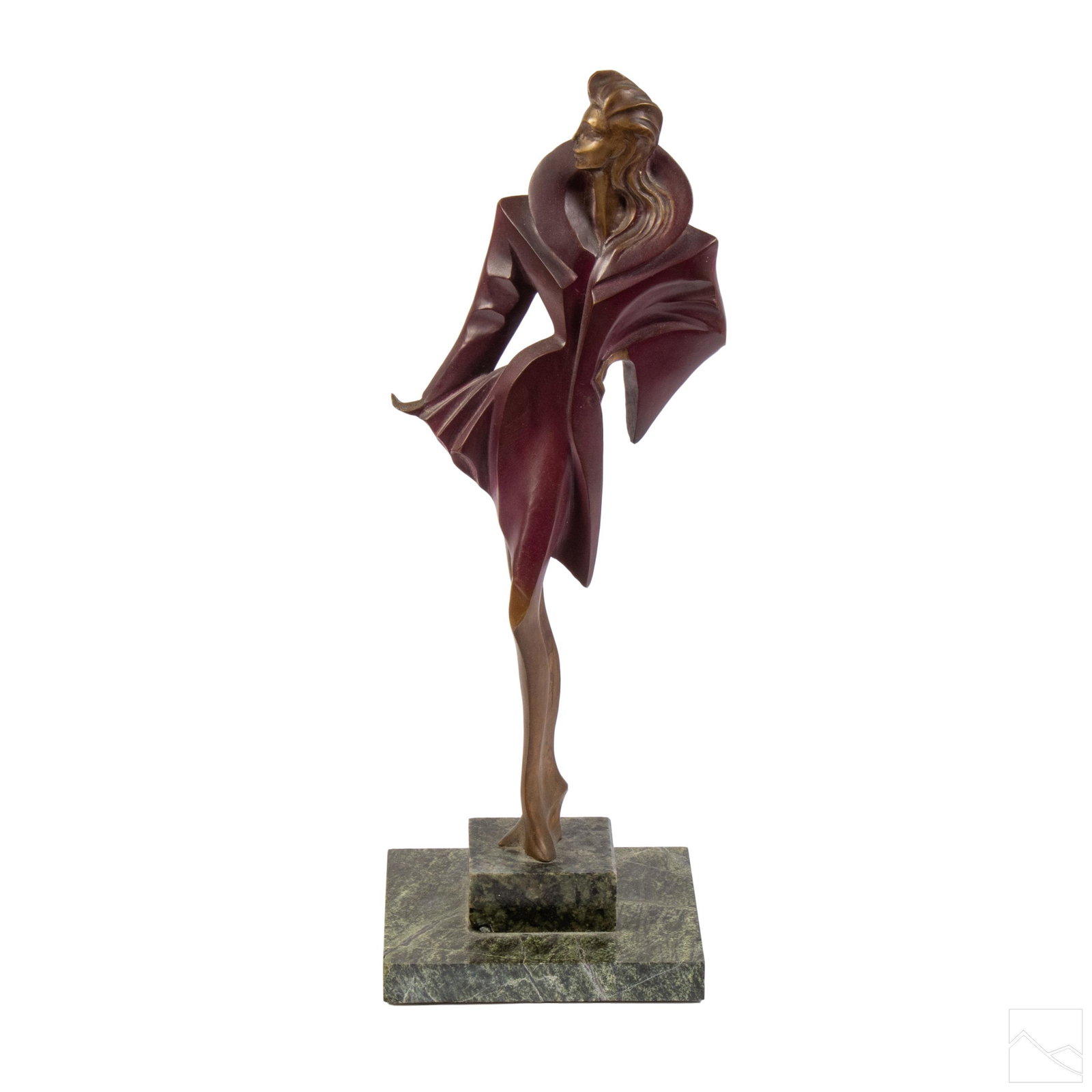 Modernist Bronze 17" Contemporary Woman Sculpture: Vintage mystery artist bronze Modernist sculpture. Features stylized form of a woman in a plumb colored dress. No apparent signature. Fixed to stone base. Good overall condition with minor wear and lo