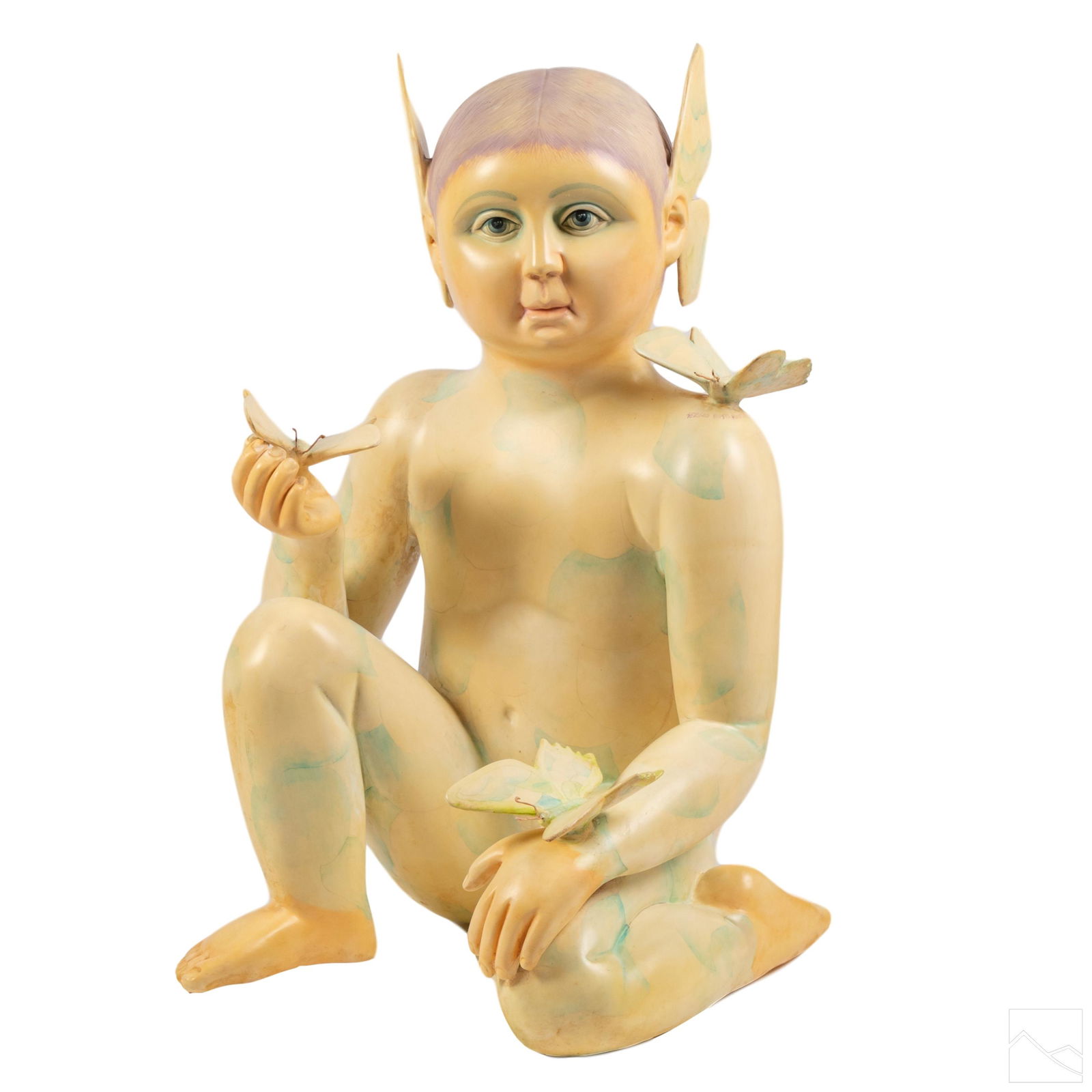 S. Bustamante b.1949 Butterfly Boy Resin Sculpture: Sergio Bustamante (Mexican, born 1949). Hand painted Limited Edition resin sculpture, titled "Butterfly Boy." Figure of a nude boy, with ears resembling butterfly wings, holding a butterfly. Artist si