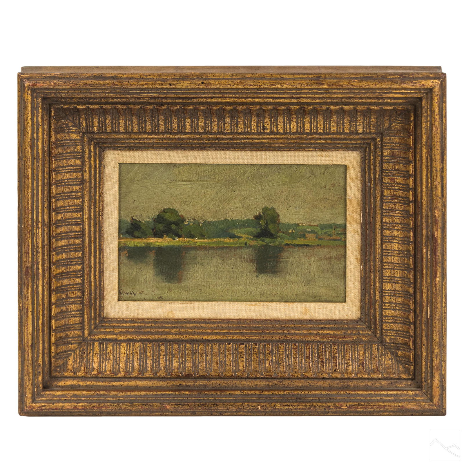 Gilbert Gaul 1855-1919 Impressionist Oil Landscape: Gilbert Gaul (American, 1855-1919). Original 19th Century oil painting on cardboard. An Impressionism scene depicting a rich verdant coastal landscape depicted on the far side of an expansive river. S