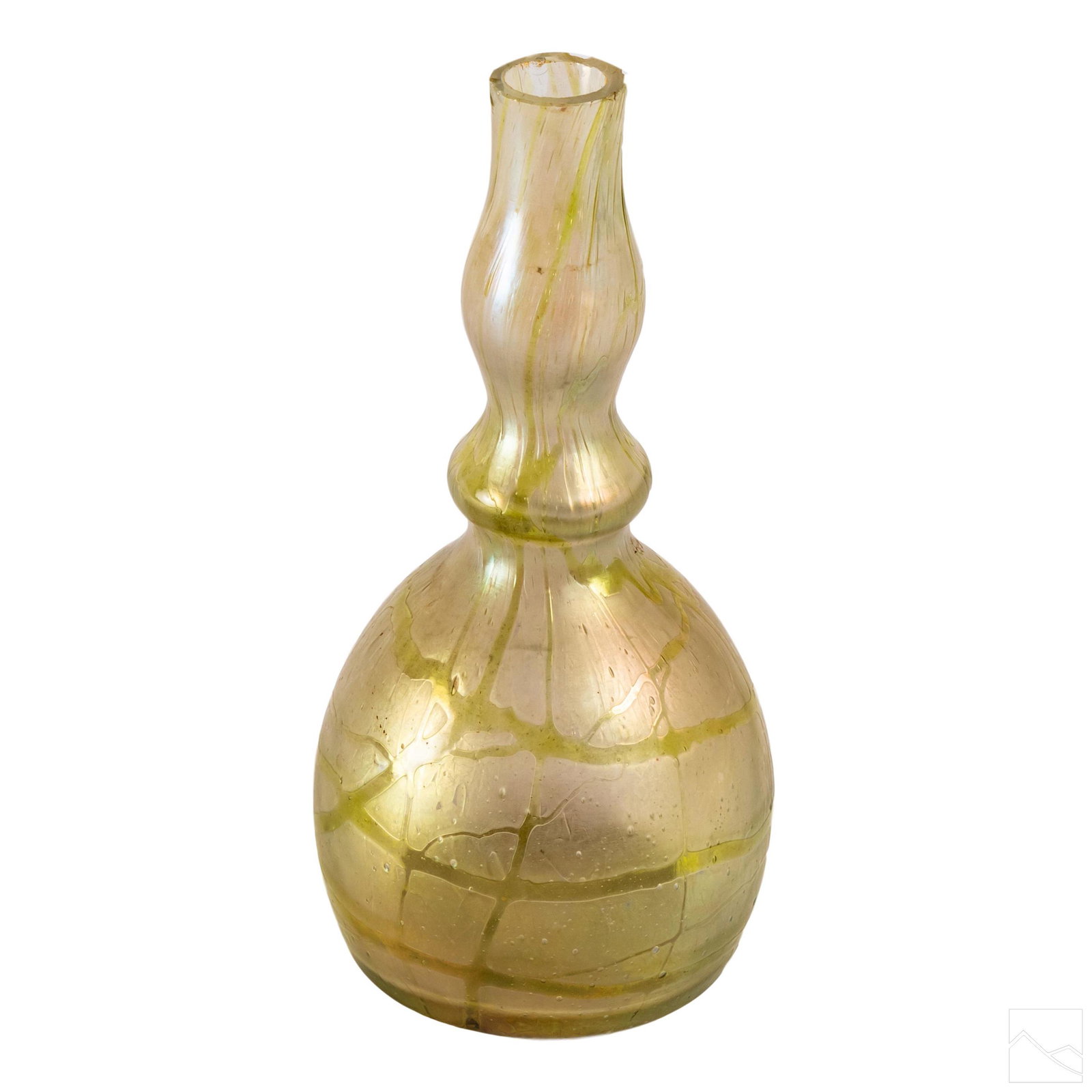Tiffany Style Iridescent Art Glass Barber Bottle: Antique Tiffany style iridescent lemon webbed glass barber bottle. Features double bulbous neck to sheared lip, with improved pontil. From the private collection of Robert Namiat, author of "Barber Bo