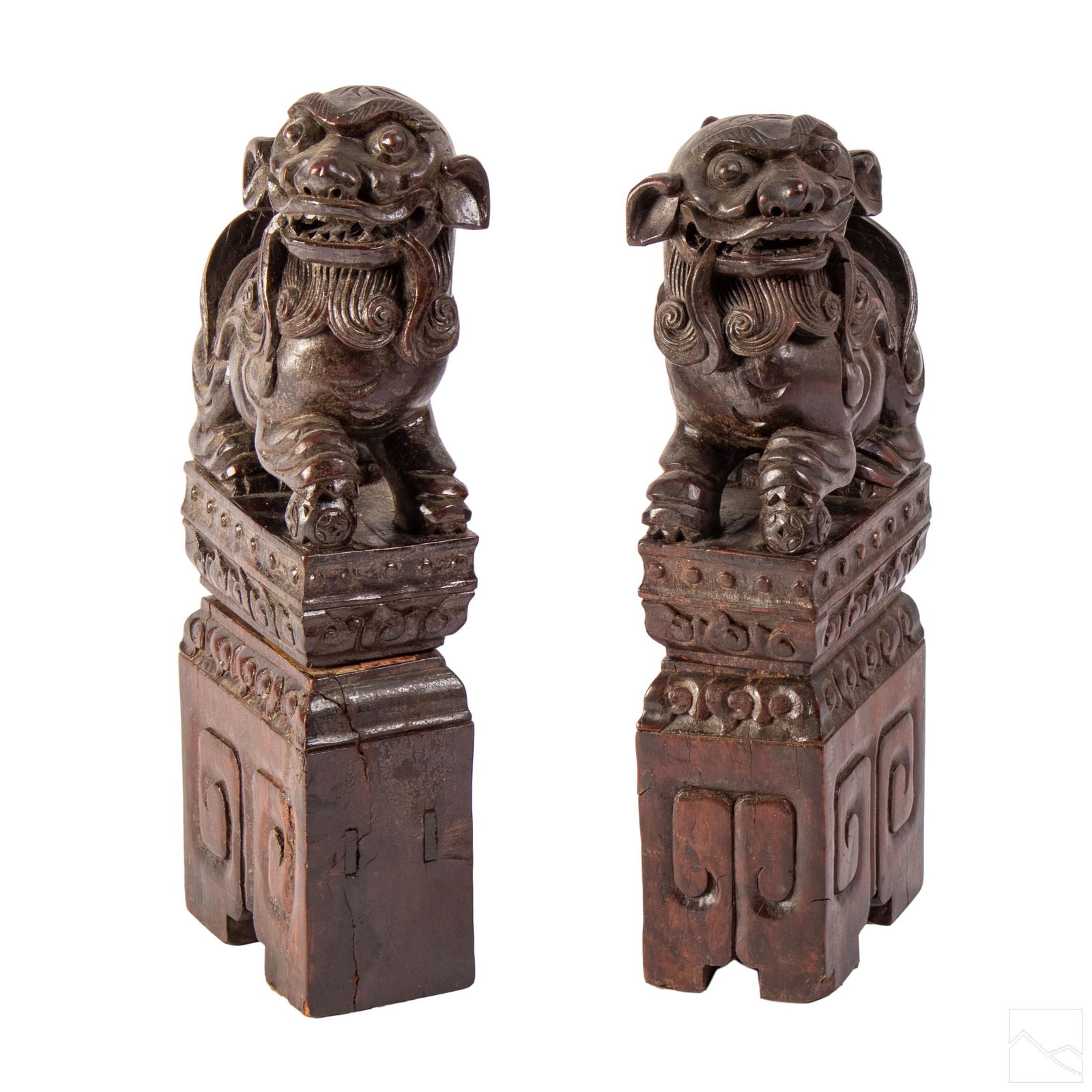Chinese 13" Carved Wooden Foo Dog Sculptures PAIR (1 of 7)