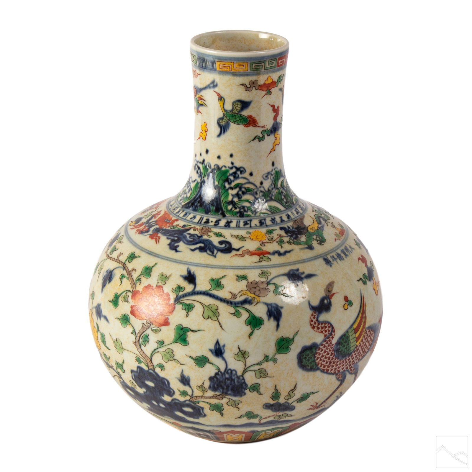 Chinese Antique Dragon, Peacock & Fenghuang Vase: A large gourd shaped antique Chinese vase, with profuse decoration of flora in cobalt blue, green, red, and yellow. The main body has an encircling scene with a large peacock bird displaying spectacul