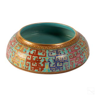 Chinese Antique 6" Famille Rose Brush Washer Bowl: Chinese Famille rose antique brush washer vessel. Glazed bulbous body with turquoise background and Chinese geometric designs with stylized fenghuang phoenix heads in pink, yellow, cobalt blue, and co