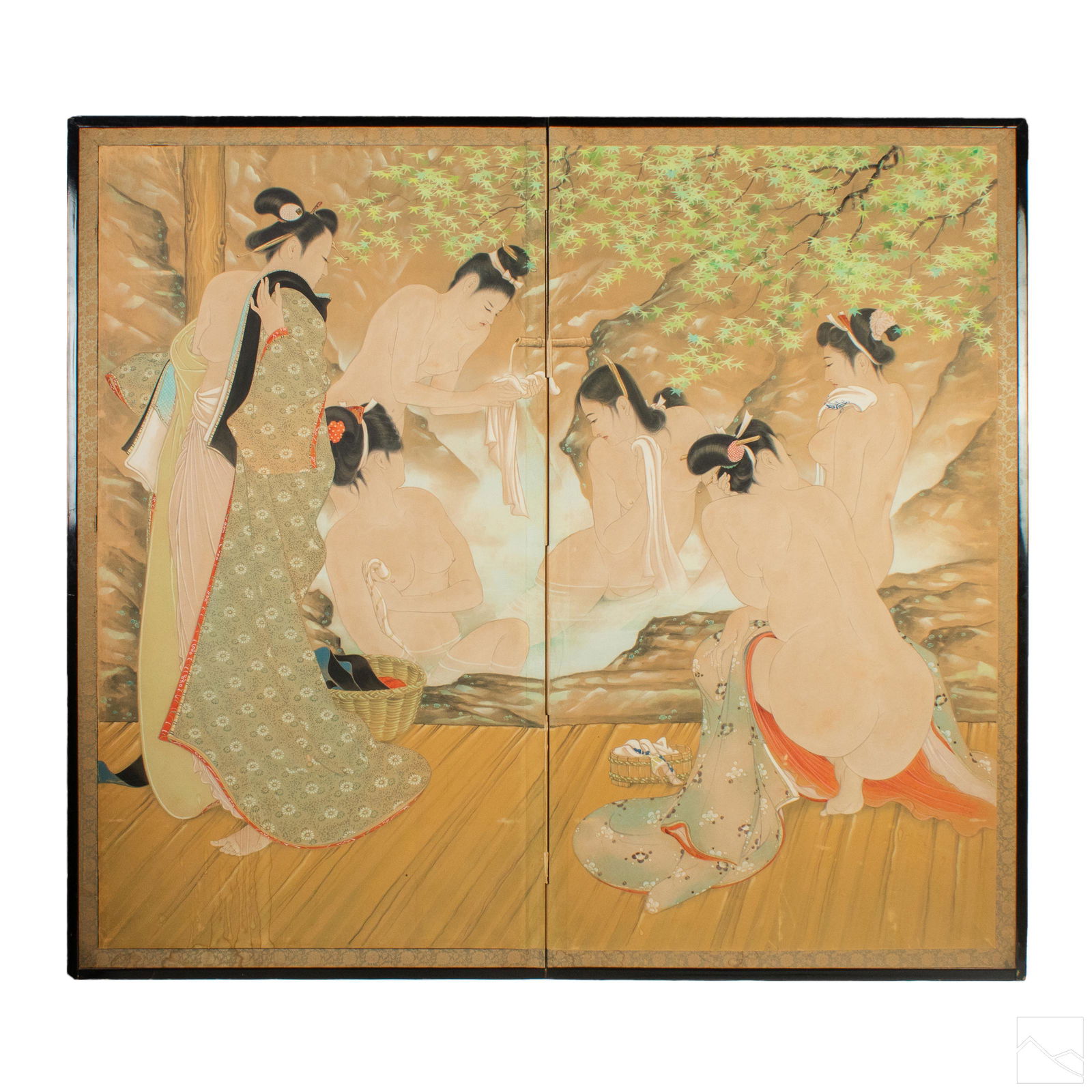 Japanese Antique Nude Painted 55" Art Panel Screen: A large and impressive Japanese art folding panel screen painting, possibly late Meiji Era. A scene with six partially nude female figures bathing in a naturalistic setting. Framed in a black lacquere