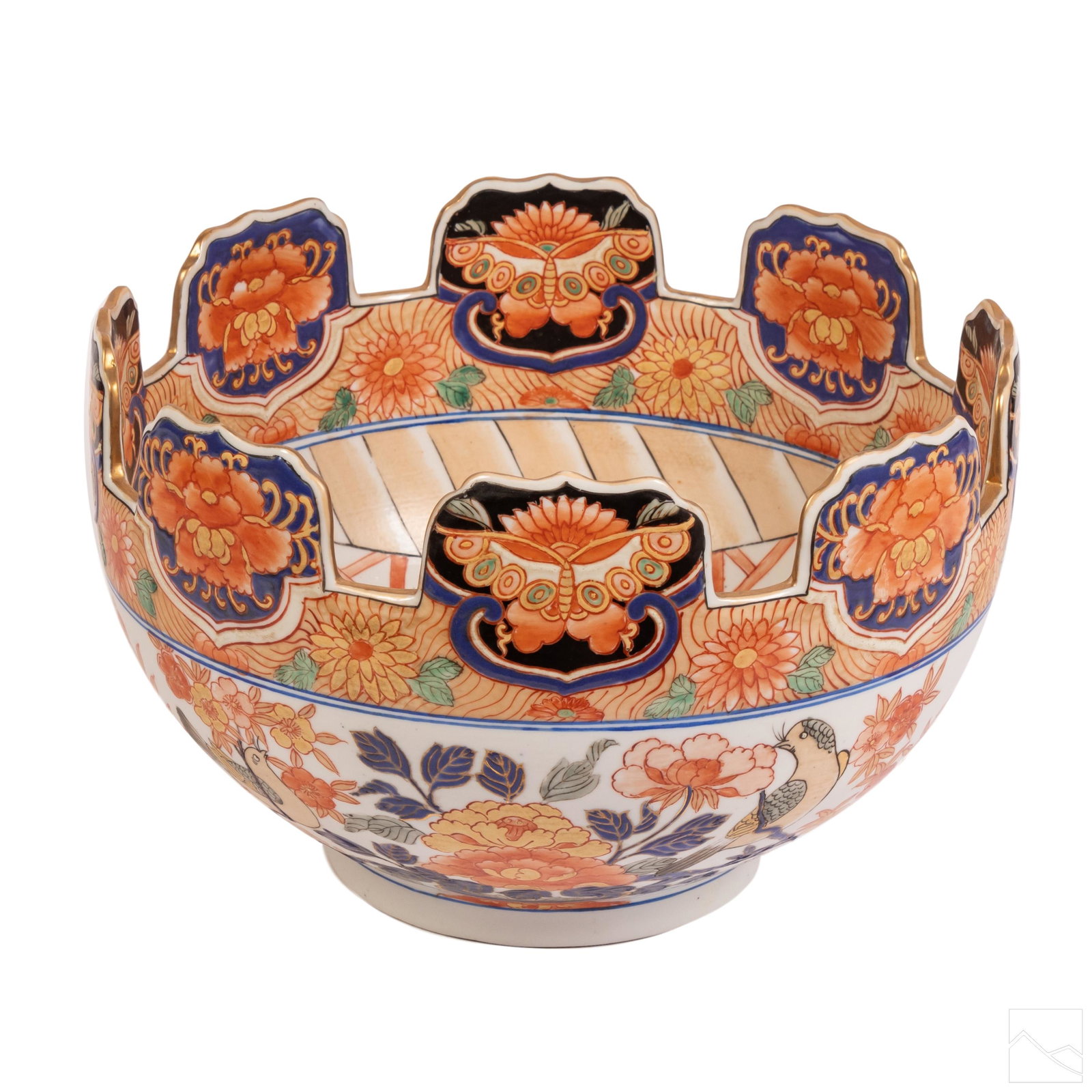 Japanese Imari LG Porcelain Jardiniere Floral Bowl: Japanese large antique Imari Arita ware porcelain jardiniere or bowl, with rich colorful encircling decorations of lotuses and other flora, with birds and other forms. Prominent crenellated vertical s