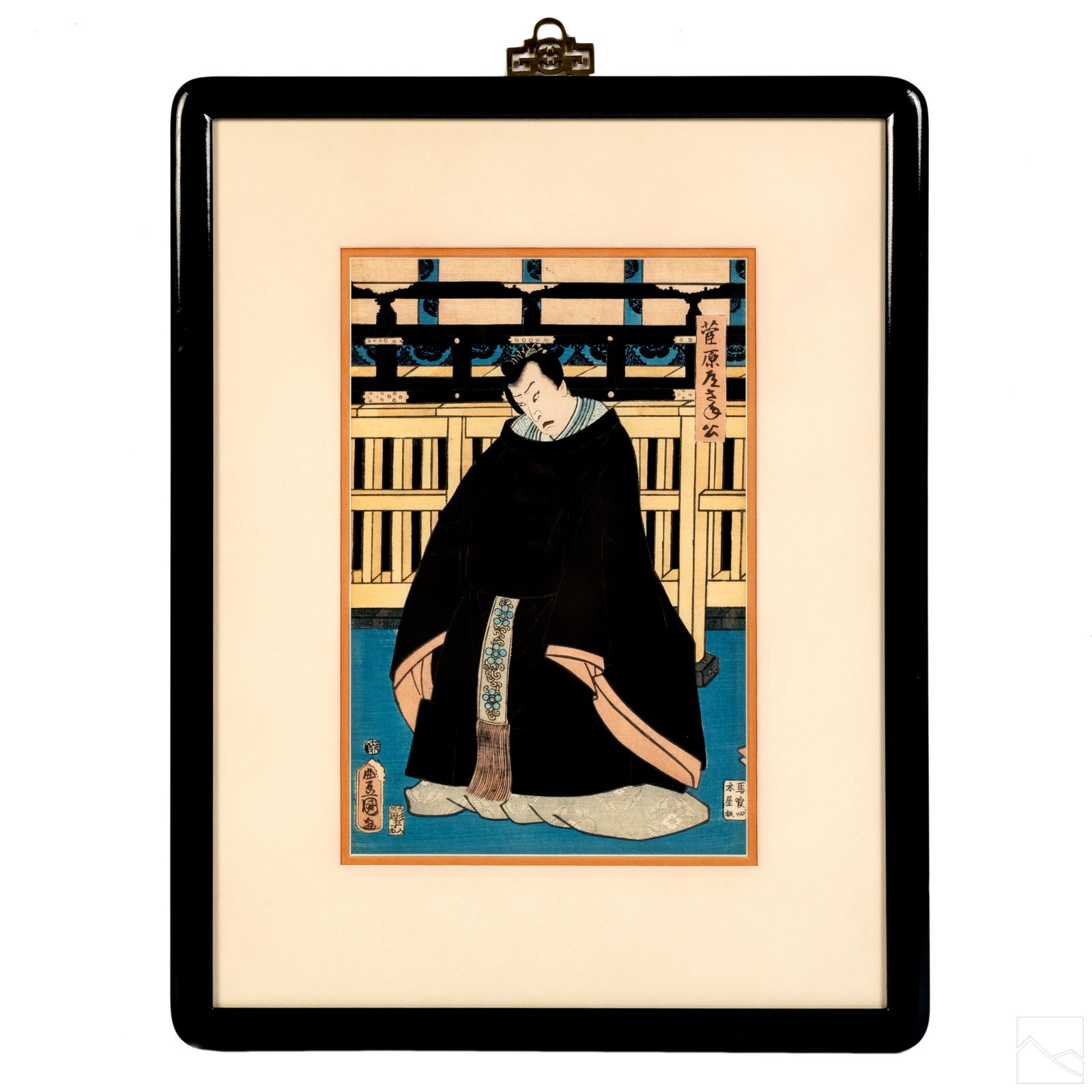 Toyokuni 1786-1864 Actor Japanese Woodblock Print: Utagawa Kunisada (Japanese, 1786-1864). Toyokuni III Japanese woodblock print on laid paper. A genre scene with a central kabuki actor in traditional costume. Retaining label from gallery on verso. Pr