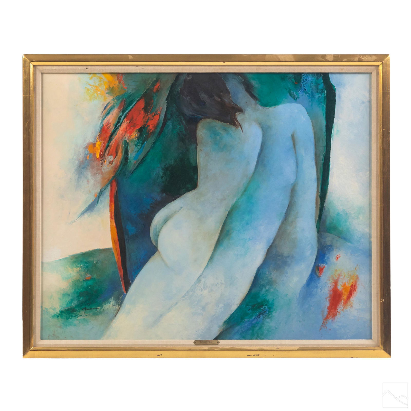 Claude Gaveau (b. 1940) Abstract Nude Oil Painting: Claude Gaveau (French, born 1940). Signed original oil painting on canvas. A nude female in an Abstract Expressionist style composition. Artist signature lower left. Wally Findlay Gallery label on ver