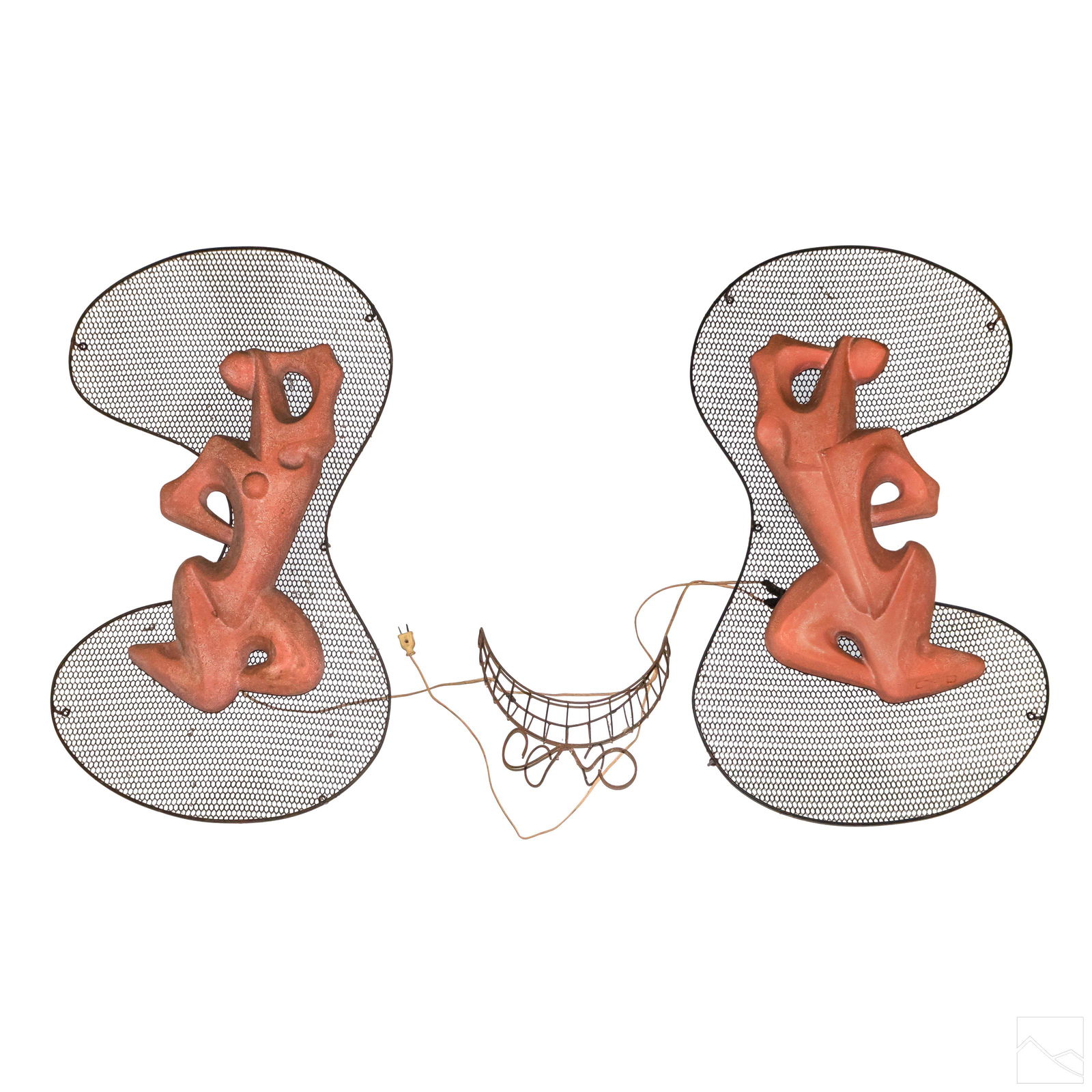 Frederic Weinberg Illuminated Wall Sculpture PAIR: Frederic Weinberg (American, 20th century). Pair of Abstract Modernist original lamp wall sconces. Depicts two male and female nude figures. Crafted of fiberglass and wired steel metal. Good condition