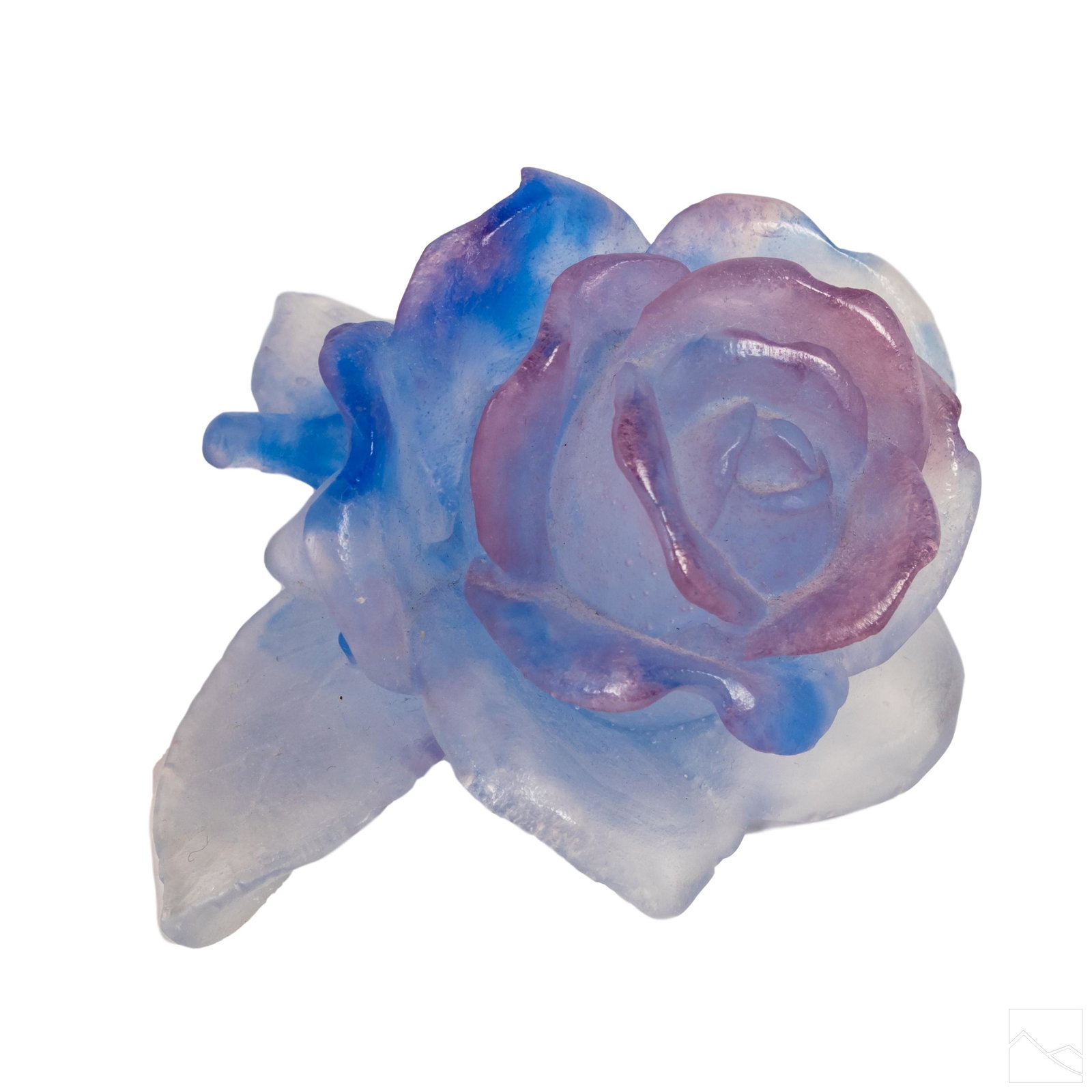 Daum French Pate de Verre Art Glass 4" Blue Rose: Daum (French). Fine quality art glass rose design in blue and purple pate de verre glass. Signed DAUM FRANCE. Good condition with mild surface wear. Measures 4 in. across. Hill Auction Gallery in hous