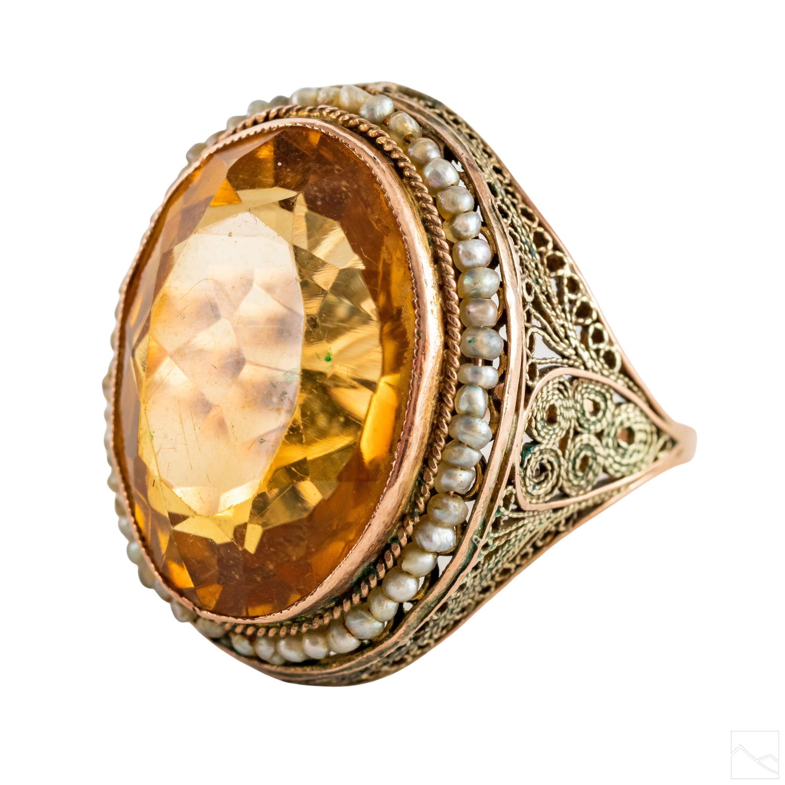 14K Gold VTG Citrine & Natural Pearl Filigree Ring (1 of 7)