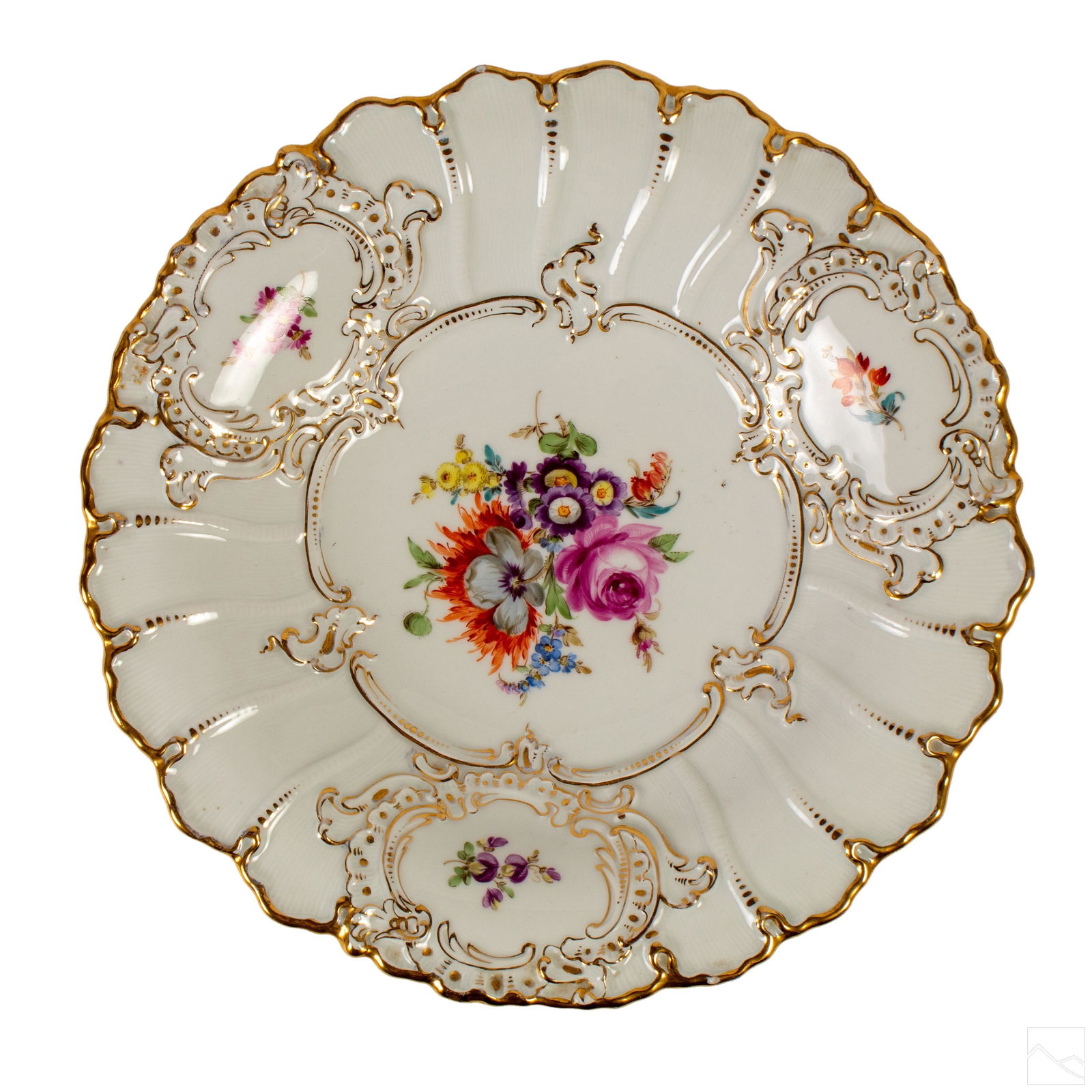 Meissen German Porcelain 11" Scalloped Floral Bowl: Meissen (Germany). Antique porcelain bowl. White ground with gilt highlights and trim to scalloped rim. Floral center design and encircling edge. Blue crossed swords stamp to bottom. Measures 11 3/4 i