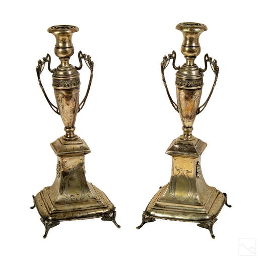 Judaica Continental Solid Silver Candlesticks Pair