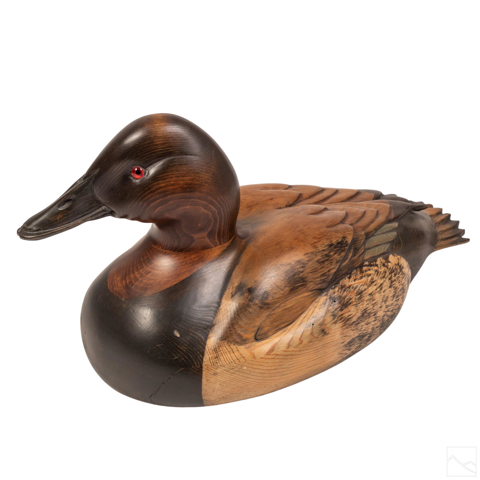 Tom Taber John Fairfield 18" Canvasback Duck Decoy: Vintage Tom Taber and John R Fairfield carved wooden duck decoy of Canvas Back duck. Detailed in color and physique of breed. Artist signatures to underside of decoy. Good condition with mild surface